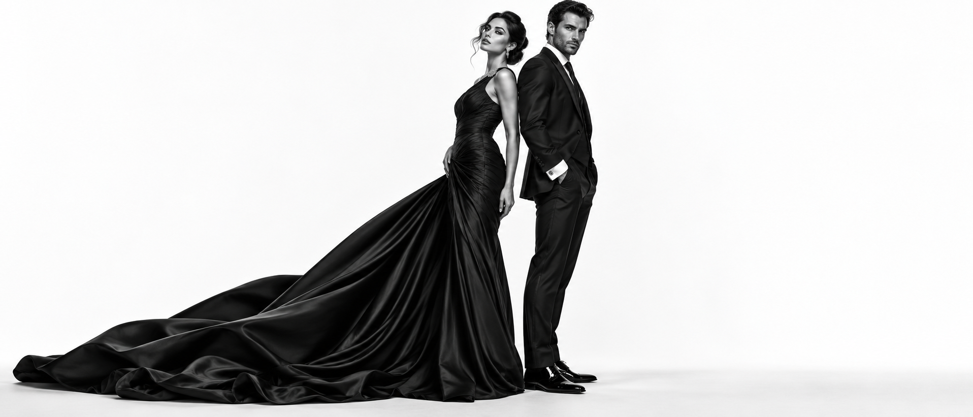 Onyade Studio No. 1 — bespoke black evening gown and three-piece suit, womenswear and menswear side by side