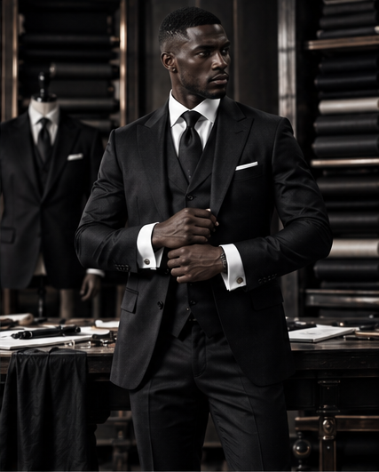 Bespoke black three-piece suit fitted in the Onyade Studio No. 1 atelier
