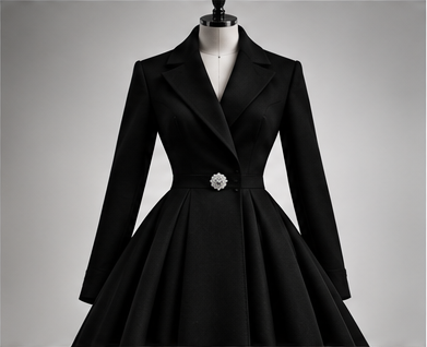 Bespoke tailored black wool crepe coat dress