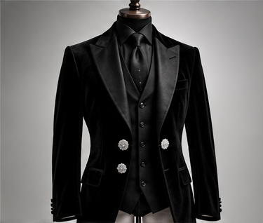 Bespoke black velvet evening jacket with diamond buttons